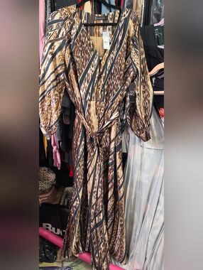 New York & Company Brown, Black & Cream Leopard Stripe Wrap Dress